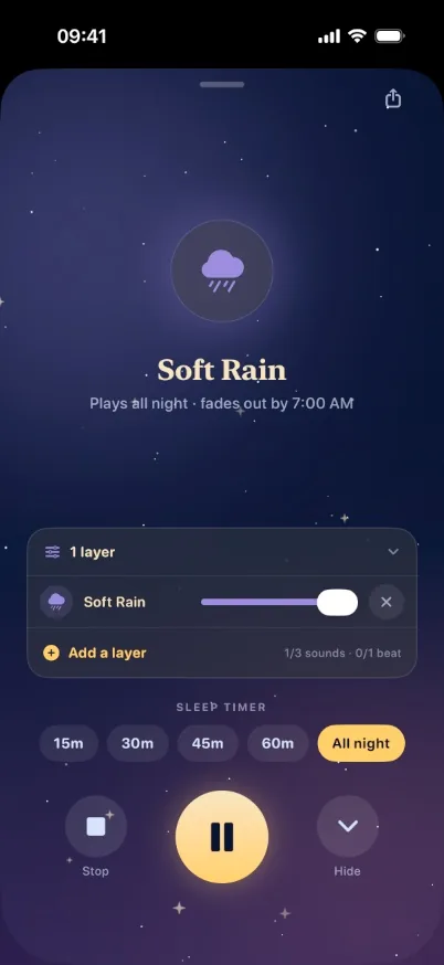 Soft Rain playing all night and fading out by 7:00 AM, with the layer mixer and sleep timer