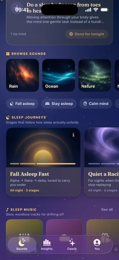 SleepBetter.ai home screen with tonight’s coach tip, a Done for tonight button, sound categories and sleep journeys