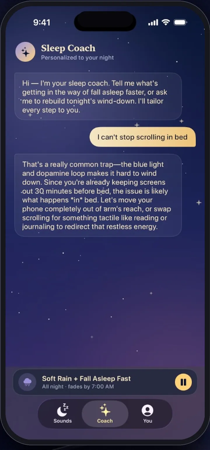 SleepBetter.ai coach screen answering a question about scrolling in bed, with Soft Rain playing all night